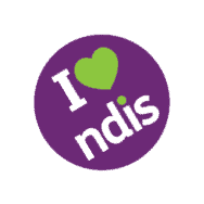 Purple circle with "I heart NDIS" in the centre.