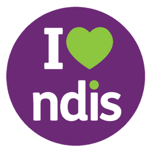 Purple circle with "I heart NDIS" in the centre.