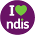 Purple circle with "I heart NDIS" in the centre.