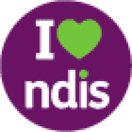 Purple circle with "I heart NDIS" in the centre.