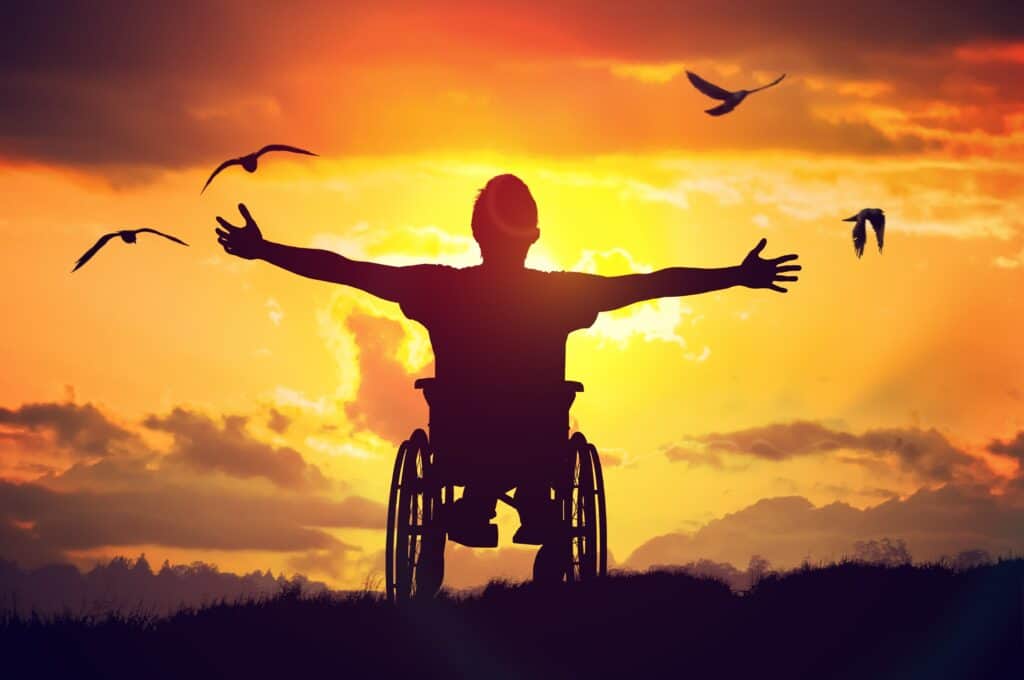 Silhouette of a man in a wheelchair and birds in the sky. The man's arms are stretched-wide as he watched the sunset from a lookout.