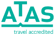 Logo for ATAS travel accreditation. ATAS written in green bolded letters and an underline. The T is floating above the other letters.